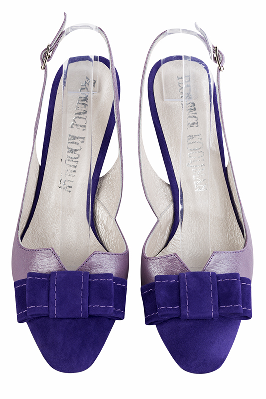 Violet purple women's open back shoes, with a knot. Round toe. High slim heel. Top view - Florence KOOIJMAN
